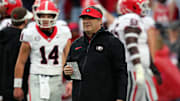 Nov 9, 2024; Oxford, Mississippi, USA; Georgia Bulldogs head coach Kirby Smart looks on during during warm ups prior to the game against the Mississippi Rebels at Vaught-Hemingway Stadium. Mandatory Credit: Petre Thomas-Imagn Images