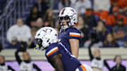 Nov 8, 2025; Charlottesville, Virginia, USA; Virginia Cavaliers quarterback Chandler Morris (4) looks on from the field against the Wake Forest Demon Deacons during the first half at Scott Stadium. Mandatory Credit: Amber Searls-Imagn Images