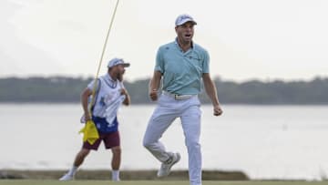 Apr 20, 2025; Hilton Head, South Carolina, USA; Justin Thomas reacts to his winning putt during the final round of the RBC Heritage golf tournament. Mandatory Credit: Jim Dedmon-Imagn Images