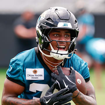 May 10, 2025; Jacksonville, FL, USA; Jacksonville Jaguars running back LeQuint Allen (36) participates in a drill during rookie minicamp at Miller Electric Center. Mandatory Credit: Travis Register-Imagn Images