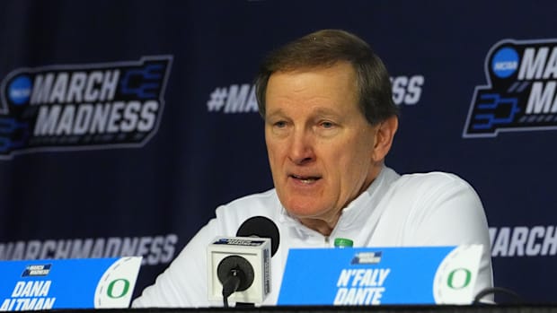 Mar 23, 2024; Pittsburgh, PA, USA; Oregon Ducks head coach Dana Altman answers questions during the press conference after th