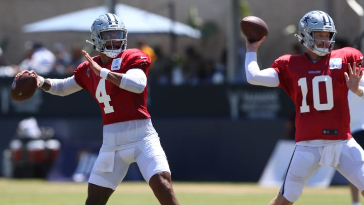 Jul 31, 2024; Oxnard, CA, USA; Dallas Cowboys quarterback Dak Prescott (4) throws next to quarterback Cooper Rush (10) during training camp at the River Ridge Playing Fields in Oxnard, California.  Mandatory Credit: Jason Parkhurst-USA TODAY Sports