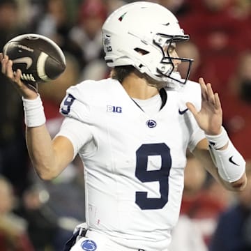 Oct 26, 2024; Madison, Wisconsin, USA;  Penn State Nittany Lions quarterback Beau Pribula (9) throws a pass during the third quarter against the Wisconsin Badgers at Camp Randall Stadium. Mandatory Credit: Jeff Hanisch-Imagn Images