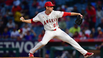Sep 26, 2025; Anaheim, California, USA; Los Angeles Angels pitcher Kyle Hendricks (28) throws against the Houston Astros during the first inning at Angel Stadium. Mandatory Credit: Gary A. Vasquez-Imagn Images