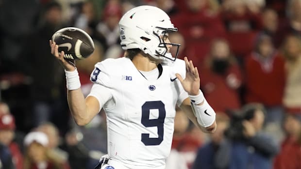 Penn State Nittany Lions quarterback Beau Pribula (9) throws a pass during the third quarter against the Wisconsin Badgers.