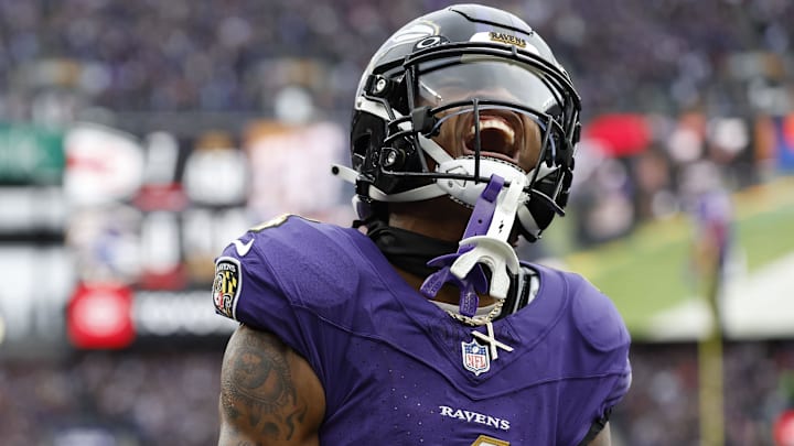 Jan 28, 2024; Baltimore, Maryland, USA; Baltimore Ravens wide receiver Zay Flowers (4) celebrates after scoring a touchdown against the Kansas City Chiefs during the first half in the AFC Championship football game at M&T Bank Stadium. Mandatory Credit: Geoff Burke-Imagn Images