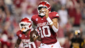 Aug 29, 2024; Little Rock, Arkansas, USA; Arkansas Razorbacks quarterback Taylen Green (10) rushes for a touchdown in the second quarter against the Pine Bluff Golden Lions at War Memorial Stadium. Mandatory Credit: Nelson Chenault-Imagn Images