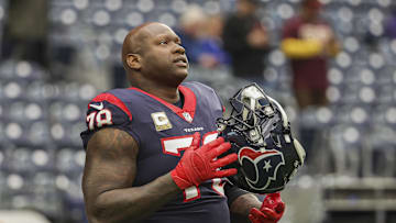 Nov 20, 2022; Houston, Texas, USA; Houston Texans offensive tackle Laremy Tunsil (78) on the field before the game against the Washington Commanders at NRG Stadium. Mandatory Credit: Troy Taormina-Imagn Images