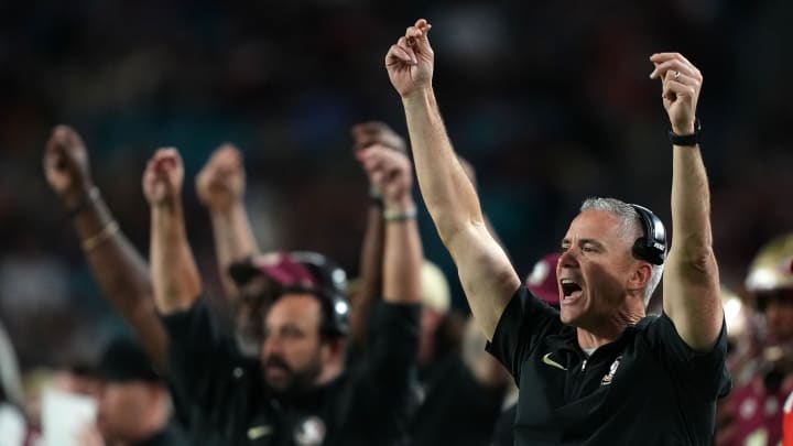 Dec 30, 2023; Miami Gardens, FL, USA; Florida State Seminoles head coach Mike Norvell reacts against the Georgia Bulldogs during the second half in the 2023 Orange Bowl at Hard Rock Stadium. Mandatory Credit: Jasen Vinlove-USA TODAY Sports