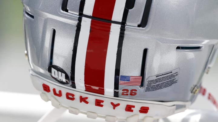 Apr 16, 2022; Columbus, Ohio, USA; Ohio State Buckeyes helmet with sticker to honor Dwayne Haskins during the first half of the Scarlett and Gray Spring Game at Ohio Stadium. Mandatory Credit: Joseph Maiorana-USA TODAY Sports