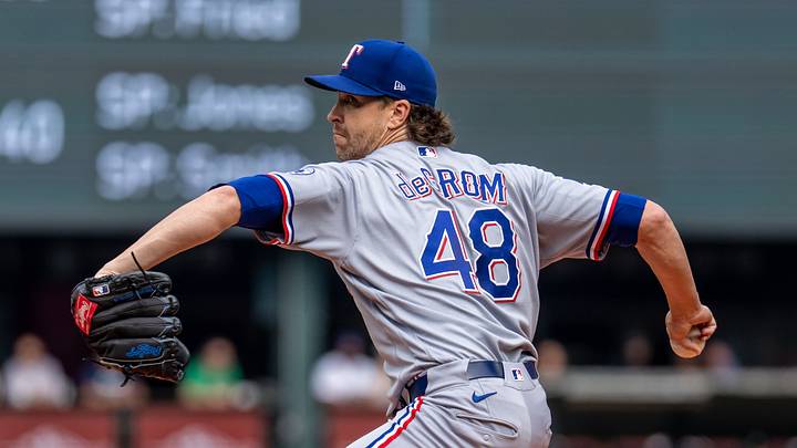 Sep 10, 2026; Seattle, Washington, USA; Texas Rangers starter Jacob deGrom (48) delivers a pitch during the third inning against the Seattle Mariners  at T-Mobile Park. Mandatory Credit: Stephen Brashear-Imagn Images