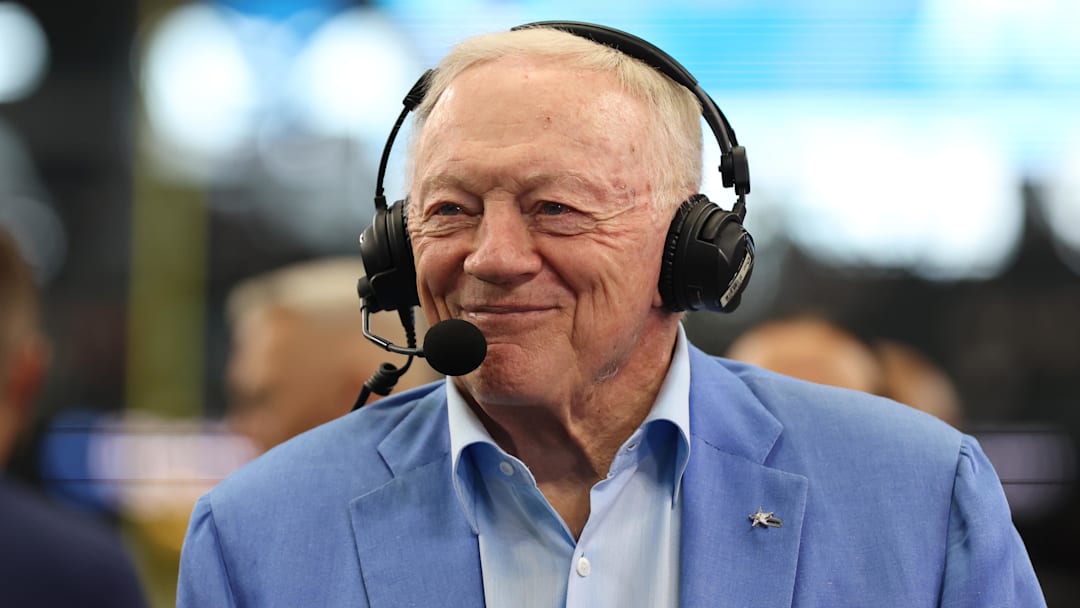 Aug 24, 2024; Arlington, Texas, USA; Dallas Cowboys owner Jerry Jones talks to the media before the game against the Los Angeles Chargers at AT&T Stadium. Mandatory Credit: Tim Heitman-Imagn Images