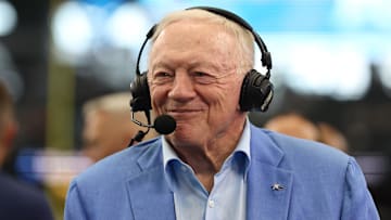 Aug 24, 2024; Arlington, Texas, USA; Dallas Cowboys owner Jerry Jones talks to the media before the game against the Los Angeles Chargers at AT&T Stadium.