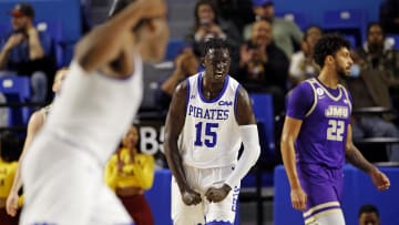 Dec 16, 2023; Hampton, Virginia, USA; Hampton Pirates forward Jerry Deng (15) reacts after a play during the first half against the James Madison Dukes at Hampton Convocation Center. Mandatory Credit: Peter Casey-USA TODAY Sports