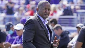 Sep 25, 2021; Evanston, Illinois, USA; Northwestern Wildcats athletic director Derrick Gragg on the sidelines during the second half against the Ohio Bobcats at Ryan Field.