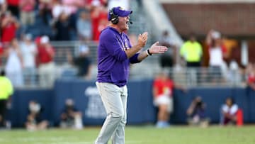 Sep 27, 2025; Oxford, Mississippi, USA; LSU Tigers head coach Brian Kelly reacts during the fourth quarter against the Mississippi Rebels at Vaught-Hemingway Stadium. Mandatory Credit: Petre Thomas-Imagn Images