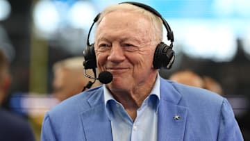 Aug 24, 2024; Arlington, Texas, USA; Dallas Cowboys owner Jerry Jones talks to the media before the game against the Los Angeles Chargers at AT&T Stadium. Mandatory Credit: Tim Heitman-Imagn Images
