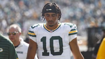Oct 27, 2024; Jacksonville, Florida, USA; Green Bay Packers quarterback Jordan Love (10) walks into the locker room for half time against the Jacksonville Jaguars at EverBank Stadium. Mandatory Credit: Morgan Tencza-Imagn Images