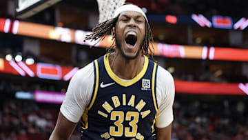 Indiana Pacers center Myles Turner reacts after making a basket during the third quarter against the Houston Rockets at Toyota Center on November 20, 2024.