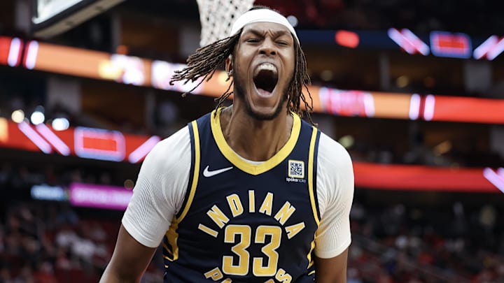 Indiana Pacers center Myles Turner reacts after making a basket during the third quarter against the Houston Rockets at Toyota Center on November 20, 2024.