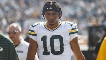 Oct 27, 2024; Jacksonville, Florida, USA; Green Bay Packers quarterback Jordan Love (10) walks into the locker room for half time against the Jacksonville Jaguars at EverBank Stadium. Mandatory Credit: Morgan Tencza-Imagn Images
