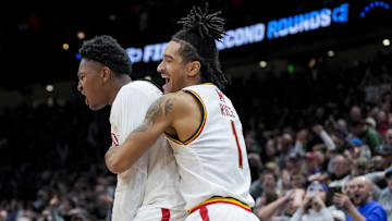 Mar 23, 2025; Seattle, WA, USA; Maryland Terrapins center Derik Queen (25) celebrates with teammates after scoring the game-winning shot against the Colorado State Rams at Climate Pledge Arena. Mandatory Credit: Stephen Brashear-Imagn Images