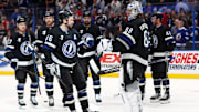Apr 15, 2025; Tampa, Florida, USA;Tampa Bay Lightning goaltender Andrei Vasilevskiy (88) and Tampa Bay Lightning right wing Nikita Kucherov (86) celebrate after they beat the Florida Panthers at Amalie Arena. Mandatory Credit: Kim Klement Neitzel-Imagn Images