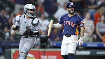 Sep 8, 2024; Houston, Texas, USA; Houston Astros second baseman Jose Altuve (27) reacts after striking out during the eighth inning against the Arizona Diamondbacks at Minute Maid Park.