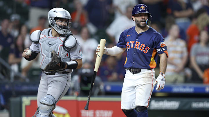 Sep 8, 2024; Houston, Texas, USA; Houston Astros second baseman Jose Altuve (27) reacts after striking out during the eighth inning against the Arizona Diamondbacks at Minute Maid Park.