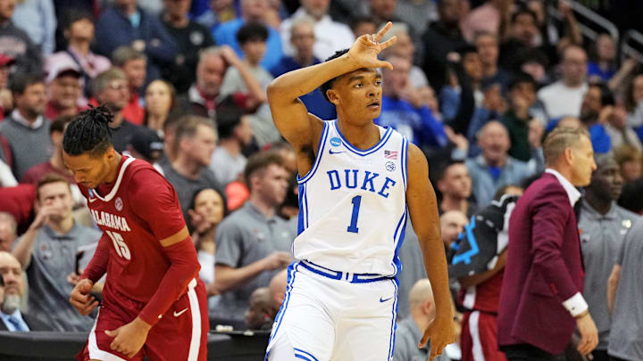 Mar 29, 2025; Newark, NJ, USA; Duke basketball guard Caleb Foster (1) celebrates after  making a three point basket during the first half against the Alabama Crimson Tide in the East Regional final of the 2025 NCAA tournament at Prudential Center.