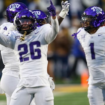 TCU cornerback Vernon Glover celebrates against West Virginia. 