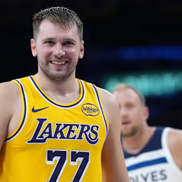 Oct 24, 2025; Los Angeles, California, USA; Los Angeles Lakers guard Luka Doncic (77) reacts in the second half against the Minnesota Timberwolves at Crypto.com Arena. Mandatory Credit: Kirby Lee-Imagn Images