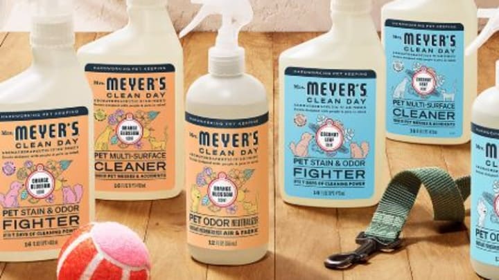 Mrs. Meyer's pet line with all new scents made with people and pets in mind – Coconut Leaf, Orange Blossom, White Peach and Sweet Chamomile. Image courtesy