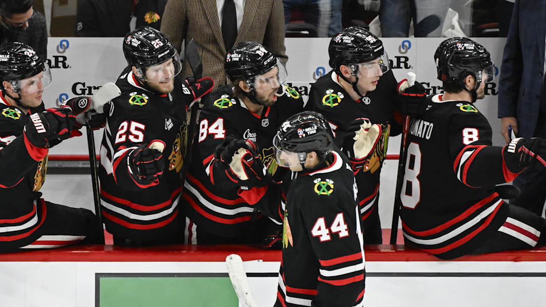 Mar 20, 2026; Chicago, Illinois, USA;  Chicago Blackhawks defenseman Wyatt Kaiser (44) celebrates with teammates after he scores against the Colorado Avalanche during the second period at United Center. Mandatory Credit: Matt Marton-Imagn Images