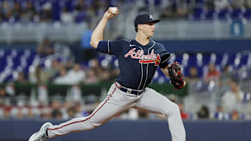 May 3, 2023; Miami, Florida, USA; Atlanta Braves starting pitcher Kyle Wright (30) delivers a pitch during the first inning against the Miami Marlins at loanDepot Park. Mandatory Credit: Sam Navarro-Imagn Images