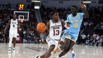 Dec 3, 2023; Starkville, Mississippi, USA; Mississippi State Bulldogs guard Josh Hubbard (13) drives