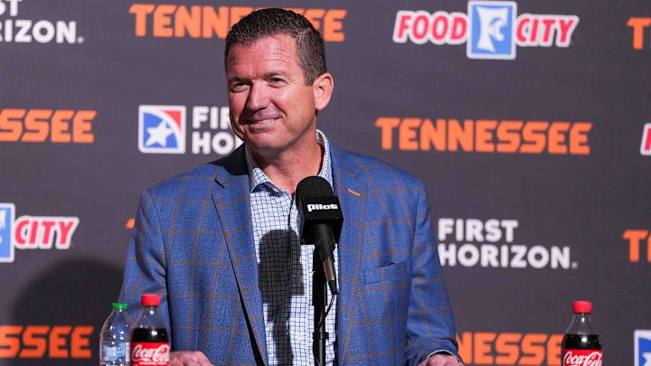 University of Tennessee's Athletic Director Danny White holds a press conference after baseball coach Tony Vitello is hired by the San Francisco Giants on Oct. 22, 2025.