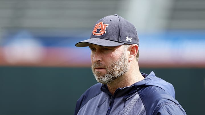 Jun 12, 2022; Corvallis, OR, USA; Auburn Tigers head coach Butch Thompson looks on before Game 2 of the NCAA college baseball super regional against the Oregon State Beavers at Coleman Field. Mandatory Credit: Soobum Im-Imagn Images