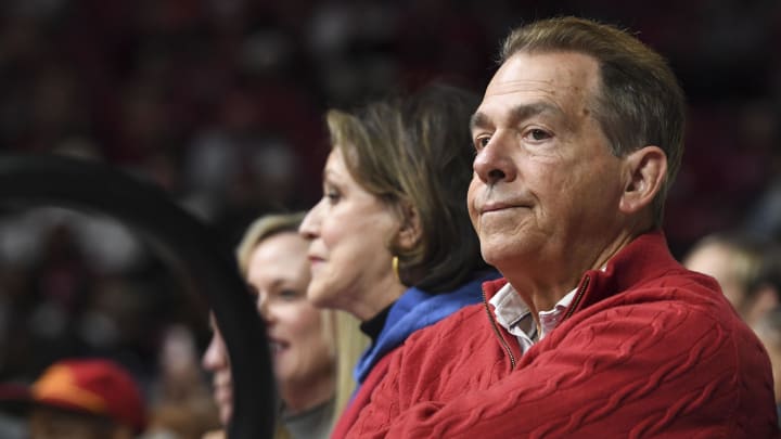 Feb 17, 2024; Tuscaloosa, Alabama, USA;  Alabama Crimson Tide former head football coach Nick Saban looks on during a basketball game between Alabama and the Texas A&M Aggies at Coleman Coliseum. Mandatory Credit: Gary Cosby Jr.-USA TODAY Sports