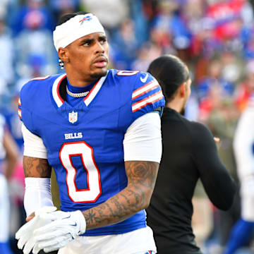 Nov 2, 2025; Orchard Park, New York, USA; Buffalo Bills wide receiver Keon Coleman (0) warms up before the game against the Kansas City Chiefs at Highmark Stadium. 
