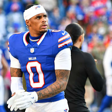 Nov 2, 2025; Orchard Park, New York, USA; Buffalo Bills wide receiver Keon Coleman (0) warms up before the game against the Kansas City Chiefs at Highmark Stadium.