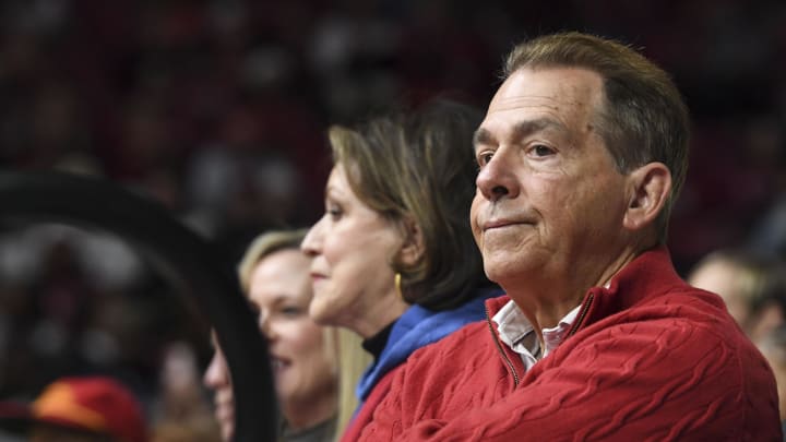 Feb 17, 2024; Tuscaloosa, Alabama, USA;  Alabama Crimson Tide former head football coach Nick Saban looks on during a basketball game between Alabama and the Texas A&M Aggies at Coleman Coliseum. Mandatory Credit: Gary Cosby Jr.-USA TODAY Sports