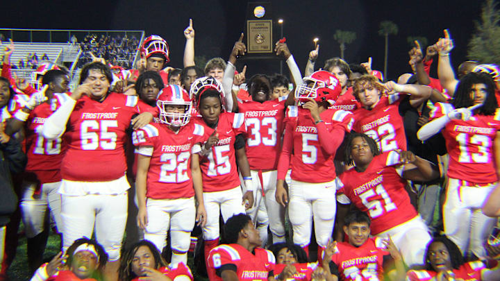 Frostproof won the fourth football state title in its school history, and its first in 25 years, with a convincing, 27-8, victory over Fernandina Beach in the SSAA Atlantic Division Championship. Frostproof won the fourth football state title in its school history, and its first in 25 years, with a convincing, 27-8, victory over Fernandina Beach in the SSAA Atlantic Division Championship.