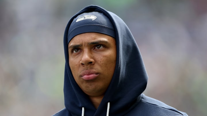 Zach Charbonnet of the Seattle Seahawks warms up