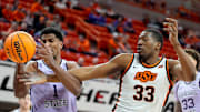Kansas State Wildcats guard David N'Guessan (1) and Oklahoma State Cowboys forward Abou Ousmane (33) reach for the ball during a men's BIG 12 basketball game between the Oklahoma State University Cowboys (OSU) and the Kansas State Wildcats at Gallagher-Iba Arena in Stillwater, Okla., Tuesday, Jan. 7, 2025.