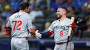 Sep 2, 2024; St. Petersburg, Florida, USA;  Minnesota Twins shortstop Brooks Lee (72) celebrates with catcher Christian Vazquez (8) after hitting a home run against the Tampa Bay Rays in the eighth inning at Tropicana Field.