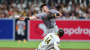 Sep 7, 2024; San Diego, California, USA; San Francisco Giants shortstop Tyler Fitzgerald (49) turns a double play on a ground ball by San Diego Padres shortstop Mason McCoy (18) during the sixth inning at Petco Park.