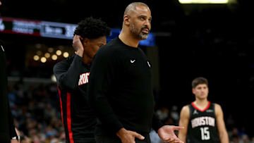 Nov 5, 2025; Memphis, Tennessee, USA; Houston Rockets head coach Ime Udoka reacts during the third quarter against the Memphis Grizzlies at FedExForum. Mandatory Credit: Petre Thomas-Imagn Images