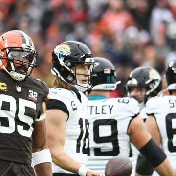 Dec 10, 2023; Cleveland, Ohio, USA; Cleveland Browns defensive end Myles Garrett (95) celebrates after the Jacksonville Jaguars were called for a penalty during the first quarter at Cleveland Browns Stadium. Mandatory Credit: Ken Blaze-USA TODAY Sports