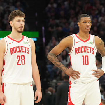 Mar 10, 2024; Sacramento, California, USA; Houston Rockets center Alperen Sengun (28) and forward Jabari Smith Jr. (10) stand on the court during the third quarter against the Sacramento Kings at Golden 1 Center. Mandatory Credit: Darren Yamashita-Imagn Images